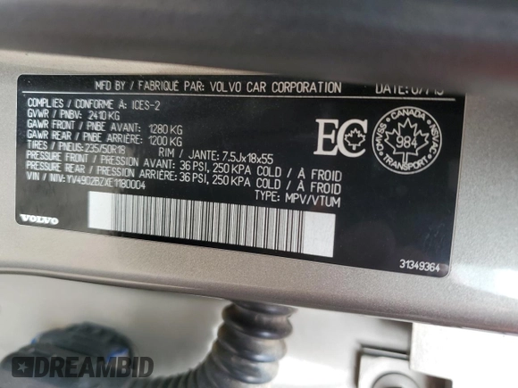2014 Volvo XC70 T6 with VIN YV4902BZXE1180004, listed as a Copart auction lot 52822974 with 190,631 mi miles and Salvage Title. Bid and sale history available at DreamBid. Image 12.