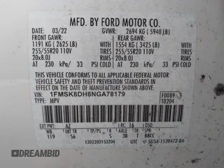 2022 Ford Explorer XLT с VIN 1FMSK8DH8NGA78179, выставлен на аукционе IAAI как лот 42208772 с пробегом 74 674 миль миль и . История ставок и продаж доступна на DreamBid. Изображение 9.