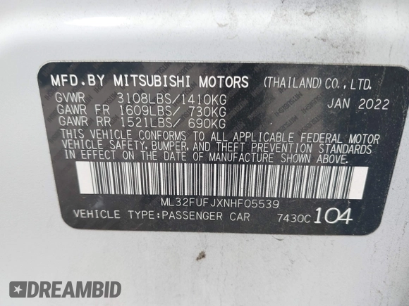 2022 Mitsubishi Mirage ES with VIN ML32FUFJXNHF05539, listed as a IAAI auction lot 41545670 with Not provided miles and . Bid and sale history available at DreamBid. Image 9.
