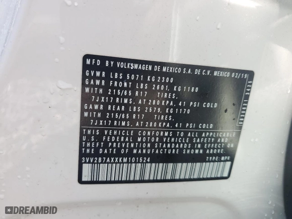 2019 Volkswagen Tiguan SE with VIN 3VV2B7AXXKM101524, listed as a Copart auction lot 49602425 with 55,534 mi miles and Salvage Title. Bid and sale history available at carsss.com. Image 13.