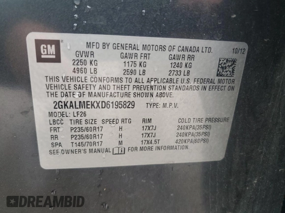 2013 GMC Terrain SLE with VIN 2GKALMEKXD6195829, listed as a Copart auction lot 55304465 with 144,117 mi miles and Clean title. Bid and sale history available at DreamBid. Image 13.