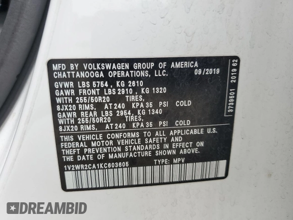 2019 Volkswagen Atlas SE with VIN 1V2WR2CA1KC603605, listed as a Copart auction lot 54623385 with 72,366 mi miles and Salvage title. Bid and sale history available at DreamBid. Image 12.
