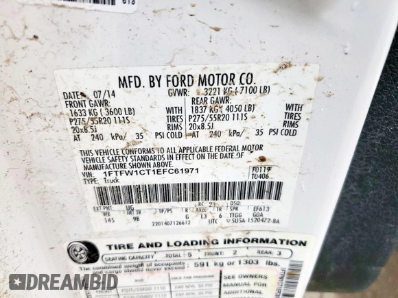 2014 Ford F-150 XL with VIN 1FTFW1CT1EFC61971, listed as a Copart auction lot 64014165 with Not provided miles and Clean title. Bid and sale history available at DreamBid. Image 12.