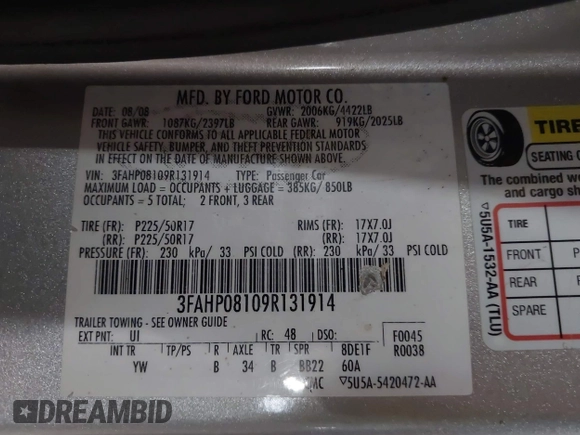 2009 Ford Fusion SEL with VIN 3FAHP08109R131914, listed as a IAAI auction lot 42005497 with 231,873 mi miles and . Bid and sale history available at carsss.com. Image 9.