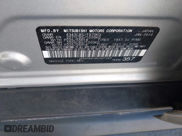 2019 Mitsubishi Outlander SE with VIN JA4AP4AU3KU021343, listed as a IAAI auction lot 42496332 with 59,566 mi miles and . Bid and sale history available at DreamBid. Image 9.