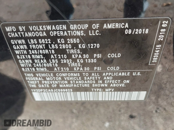 2018 Volkswagen Atlas SE with VIN 1V2DP2CA9JC599623, listed as a IAAI auction lot 42065906 with Not provided miles and . Bid and sale history available at DreamBid. Image 9.