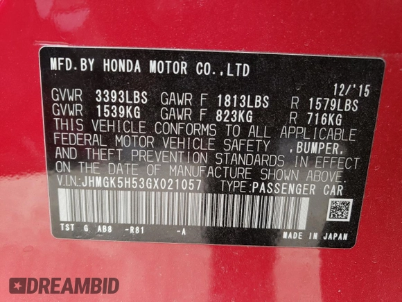 2016 Honda Fit LX with VIN JHMGK5H53GX021057, listed as a Copart auction lot 52970725 with 38,181 mi miles and Salvage title. Bid and sale history available at DreamBid. Image 12.