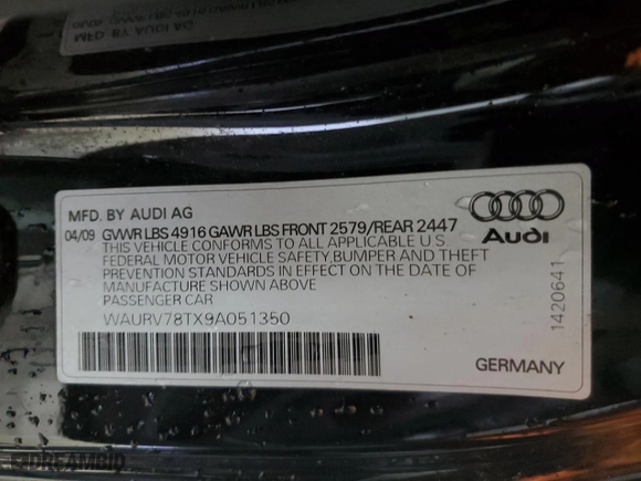 2009 Audi S5 with VIN WAURV78TX9A051350, listed as a Copart auction lot 54472345 with 112,399 mi miles and Non Repairable. Bid and sale history available at carsss.com. Image 12.