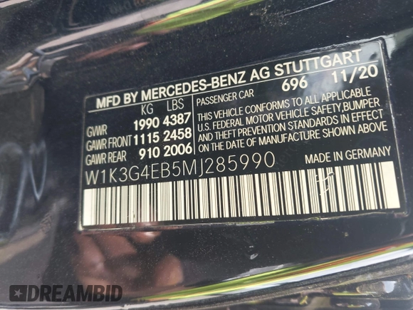 2021 Mercedes-Benz A 220 z VIN W1K3G4EB5MJ285990, wystawiony jako IAAI lot #41924555 z przebiegiem 45 187 mil mil oraz . Historia ofert i sprzedaży dostępna na DreamBid. Obrazek 9.