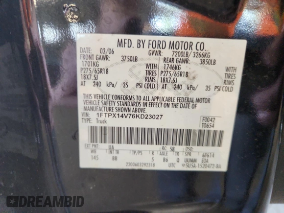 2006 Ford F-150 XLT with VIN 1FTPX14V76KD23027, listed as a Copart auction lot 63934665 with 147,810 mi miles and Clean title. Bid and sale history available at DreamBid. Image 12.