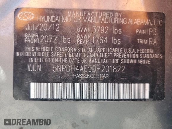 2013 Hyundai Elantra GLS with VIN 5NPDH4AE9DH201822, listed as a Copart auction lot 54986905 with 103,351 mi miles and Salvage title. Bid and sale history available at DreamBid. Image 12.