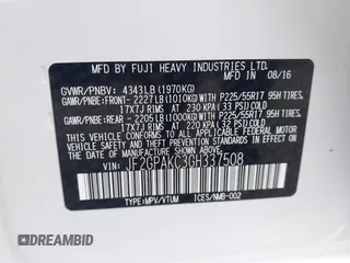 2016 Subaru Crosstrek Limited with VIN JF2GPAKC3GH337508, listed as a IAAI auction lot 42472567 with 43,620 mi miles and . Bid and sale history available at DreamBid. Image 9.
