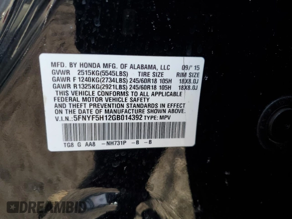 2016 Honda Pilot LX with VIN 5FNYF5H12GB014392, listed as a Copart auction lot 47092685 with 108,922 mi miles and Salvage Title. Bid and sale history available at DreamBid. Image 13.