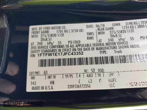 2018 Ford F-150 XL z VIN 1FTFW1E17JFC43352, wystawiony jako IAAI lot #42376594 z przebiegiem Nie podano mil oraz . Historia ofert i sprzedaży dostępna na DreamBid. Obrazek 9.