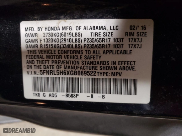 2016 Honda Odyssey EX-L with VIN 5FNRL5H6XGB069522, listed as a Copart auction lot 47316045 with 144,819 mi miles and Salvage Title. Bid and sale history available at carsss.com. Image 13.