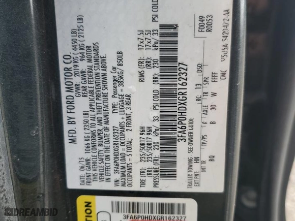 2016 Ford Fusion SE with VIN 3FA6P0HDXGR162327, listed as a Copart auction lot 47188705 with 154,882 mi miles and Salvage Title. Bid and sale history available at carsss.com. Image 14.
