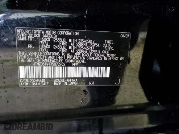 2007 Toyota RAV4 Limited z VIN JTMZD31V175072782, wystawiony jako Copart lot #47627925 z przebiegiem 108 675 mil mil oraz Szkoda całkowita • Salvage title. Historia ofert i sprzedaży dostępna na DreamBid. Obrazek 13.
