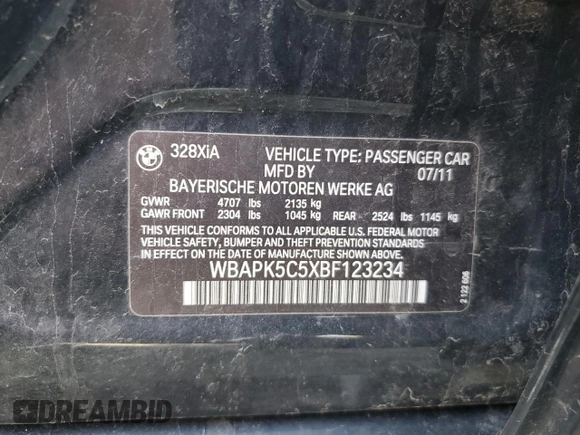 2011 BMW 3 Series 328i xDrive with VIN WBAPK5C5XBF123234, listed as a Copart auction lot 51335565 with 82,907 mi miles and Salvage title. Bid and sale history available at DreamBid. Image 13.