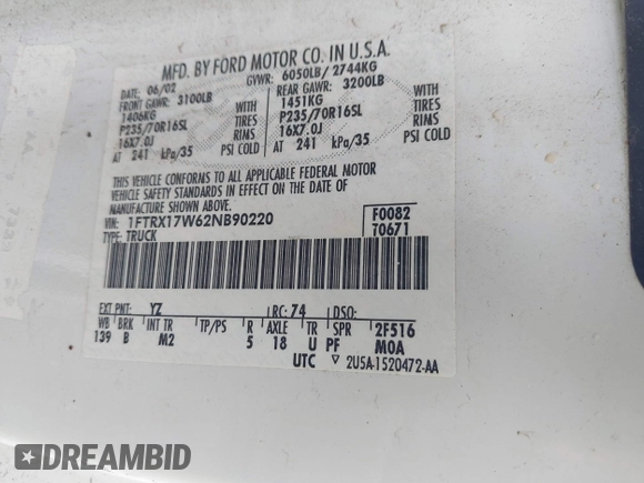 2002 Ford F-150 XL с VIN 1FTRX17W62NB90220, выставлен на аукционе IAAI как лот 42014299 с пробегом 219 264 миль миль и . История ставок и продаж доступна на DreamBid. Изображение 9.