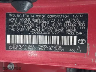 2010 Toyota Prius II with VIN JTDKN3DUXA0107275, listed as a IAAI auction lot 41851779 with 175,178 mi miles. Bid and sale history available at carsss.com. Image 9.