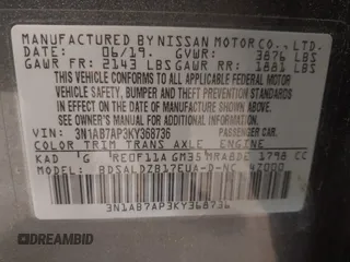 2019 Nissan Sentra S z VIN 3N1AB7AP3KY368736, wystawiony jako IAAI lot #42283123 z przebiegiem 89 117 mil mil oraz . Historia ofert i sprzedaży dostępna na DreamBid. Obrazek 9.