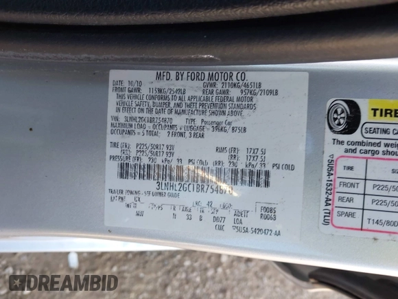 2011 Lincoln MKZ with VIN 3LNHL2GC1BR754870, listed as a IAAI auction lot 42220451 with 143,922 mi miles and . Bid and sale history available at DreamBid. Image 9.
