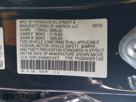 2022 Honda Civic LX z VIN 19XFL2H56NE023472, wystawiony jako IAAI lot #42257114 z przebiegiem 12 149 mil mil oraz . Historia ofert i sprzedaży dostępna na DreamBid. Obrazek 9.