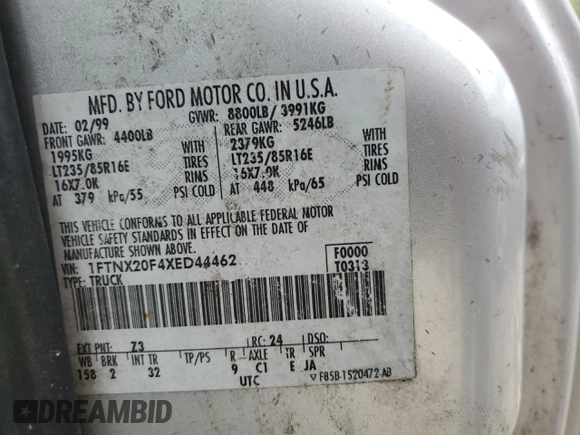 1999 Ford F-250 XL with VIN 1FTNX20F4XED44462, listed as a Copart auction lot 42911735 with 322,144 mi miles and Salvage title. Bid and sale history available at DreamBid. Image 12.