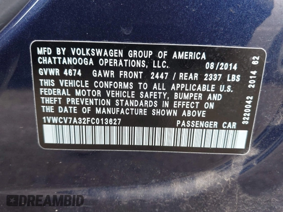 2015 Volkswagen Passat 2.0L TDI SEL Premium with VIN 1VWCV7A32FC013627, listed as a IAAI auction lot 41979341 with 175,728 mi miles. Bid and sale history available at carsss.com. Image 9.