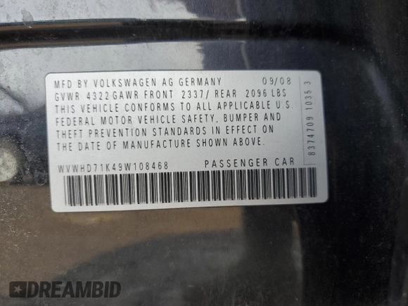 2009 Volkswagen GTI с VIN WVWHD71K49W108468, выставлен на аукционе Copart как лот 47144915 с пробегом Не указан миль и Списание • Salvage title. История ставок и продаж доступна на DreamBid. Изображение 13.