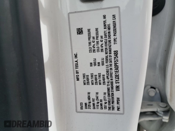 2023 Tesla Model 3 with VIN 5YJ3E1EA0PF575488, listed as a Copart auction lot 56889115 with 18,677 mi miles and Clean title. Bid and sale history available at DreamBid. Image 12.