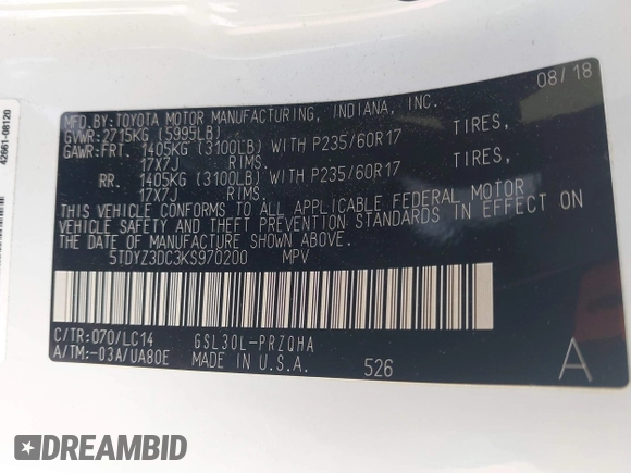 2019 Toyota Sienna XLE Auto Access Seat with VIN 5TDYZ3DC3KS970200, listed as a IAAI auction lot 42007928 with 64,023 mi miles. Bid and sale history available at carsss.com. Image 9.
