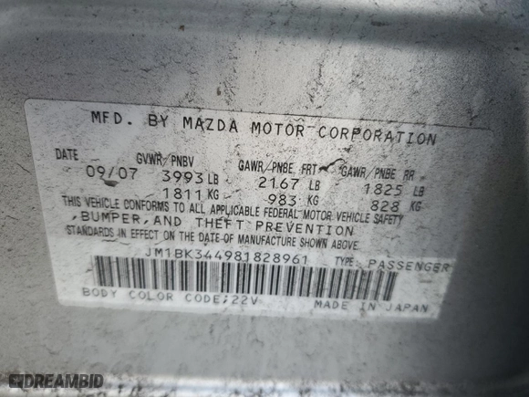 2008 Mazda Mazda3 s Grand Touring with VIN JM1BK344981828961, listed as a Copart auction lot 47737065 with 179,252 mi miles and Clean Title. Bid and sale history available at carsss.com. Image 12.