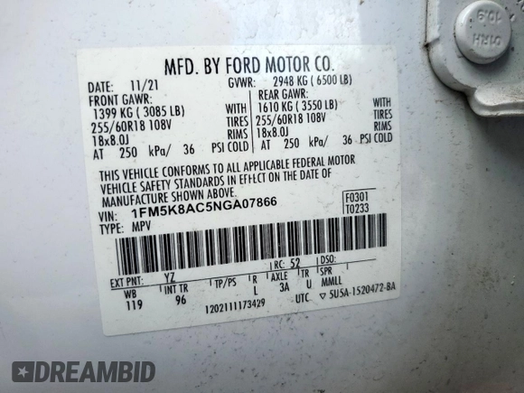 2022 Ford Explorer с VIN 1FM5K8AC5NGA07866, выставлен на аукционе Copart как лот 61104055 с пробегом 41 035 миль миль и Чистый • Clean title. История ставок и продаж доступна на DreamBid. Изображение 14.