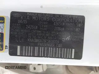 2015 Kia Optima LX with VIN KNAGM4A76F5639319, listed as a IAAI auction lot 42552130 with 207,006 mi miles and . Bid and sale history available at DreamBid. Image 9.