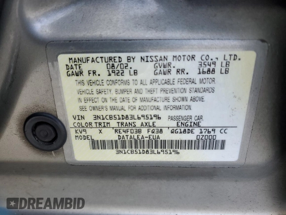 2003 Nissan Sentra XE with VIN 3N1CB51D83L695196, listed as a Copart auction lot 52225155 with 138,570 mi miles and Salvage Title. Bid and sale history available at DreamBid. Image 13.