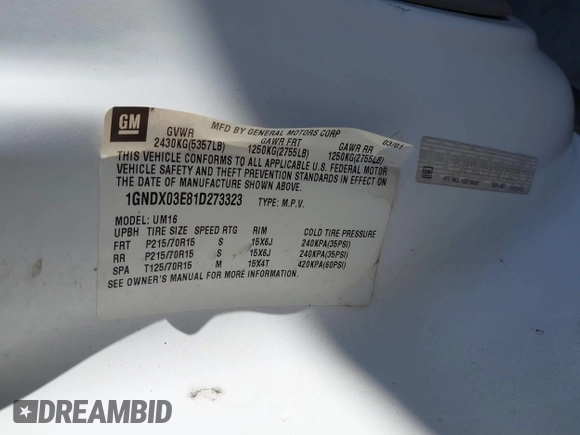 2001 Chevrolet Venture LS Y3G Mobility z VIN 1GNDX03E81D273323, wystawiony jako IAAI lot #41752086 z przebiegiem 197 221 mil mil oraz . Historia ofert i sprzedaży dostępna na DreamBid. Obrazek 9.
