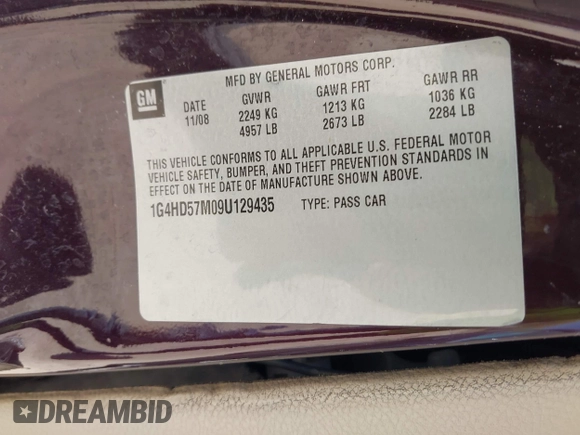 2009 Buick Lucerne CXL with VIN 1G4HD57M09U129435, listed as a IAAI auction lot 41950701 with 202,100 mi miles and . Bid and sale history available at DreamBid. Image 9.
