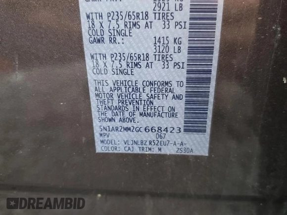 2016 Nissan Pathfinder S with VIN 5N1AR2MM2GC668423, listed as a Copart auction lot 61051085 with Not provided miles and Salvage title. Bid and sale history available at DreamBid. Image 13.