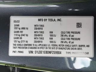 2022 Tesla Model 3 Long Range with VIN 5YJ3E1EB0NF259904, listed as a IAAI auction lot 41826642 with 42,272 mi miles and . Bid and sale history available at DreamBid. Image 9.