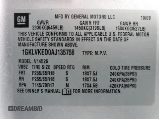 2010 GMC Acadia SL with VIN 1GKLVKED0AJ135758, listed as a Copart auction lot 87962715 with 85,882 mi miles and Salvage Title. Bid and sale history available at carsss.com. Image 13.