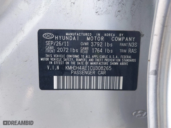2012 Hyundai Elantra GLS with VIN KMHDH4AE1CU308265, listed as a IAAI auction lot 41898417 with 70,218 mi miles. Bid and sale history available at carsss.com. Image 9.