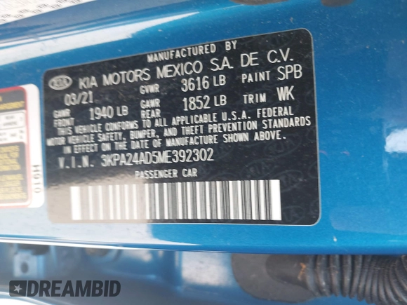 2021 Kia Rio S with VIN 3KPA24AD5ME392302, listed as a IAAI auction lot 41925903 with 14,226 mi miles and . Bid and sale history available at DreamBid. Image 9.