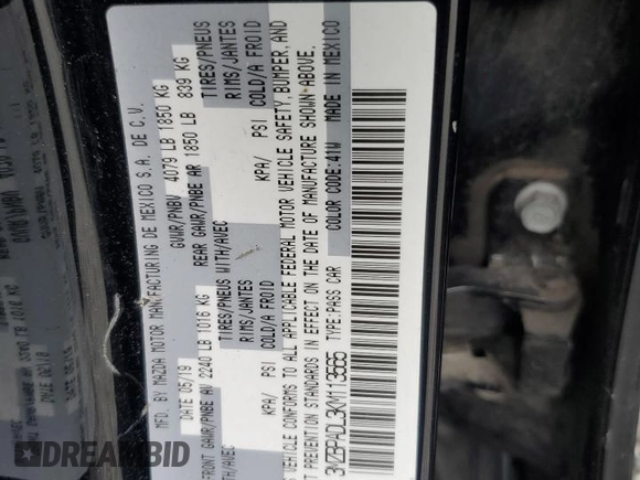 2019 Mazda 3 Preferred with VIN 3MZBPADL3KM113565, listed as a Copart auction lot 66394044 with Not Provided miles and Salvage Title. Bid and sale history available at DreamBid. Image 12.