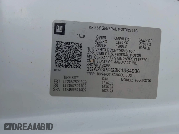 2019 Chevrolet Express Passenger LT z VIN 1GAZGPFG3K1364936, wystawiony jako IAAI lot #42137561 z przebiegiem 33 624 mil mil oraz . Historia ofert i sprzedaży dostępna na DreamBid. Obrazek 9.