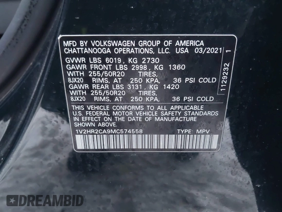 2021 Volkswagen Atlas SE with VIN 1V2HR2CA9MC574558, listed as a IAAI auction lot 41296583 with 50,267 mi miles and . Bid and sale history available at DreamBid. Image 9.