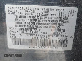 2015 Nissan Sentra SR with VIN 3N1AB7AP9FY296110, listed as a IAAI auction lot 42227852 with 141,302 mi miles and . Bid and sale history available at DreamBid. Image 9.