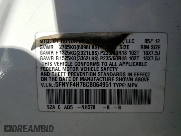 2012 Honda Pilot EX-L with VIN 5FNYF4H78CB064951, listed as a Copart auction lot 50373555 with Not Provided miles and Salvage Title. Bid and sale history available at DreamBid. Image 13.