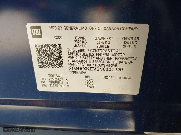 2022 Chevrolet Equinox LT with VIN 2GNAXKEV1N6131220, listed as a IAAI auction lot 41726514 with 60,462 mi miles. Bid and sale history available at carsss.com. Image 9.