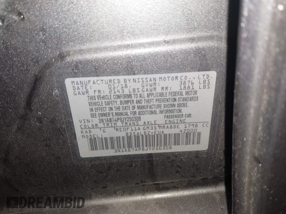 2018 Nissan Sentra SR with VIN 3N1AB7AP8JY250308, listed as a IAAI auction lot 40901715 with 91,090 mi miles and . Bid and sale history available at DreamBid. Image 9.
